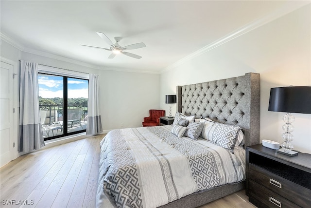 bedroom featuring light hardwood / wood-style floors, ceiling fan, access to exterior, and ornamental molding