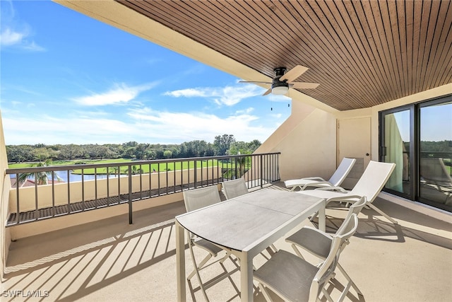 balcony with ceiling fan and a water view