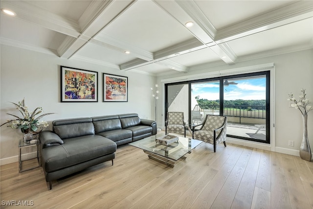 living room featuring light wood-type flooring, coffered ceiling, ornamental molding, and beamed ceiling