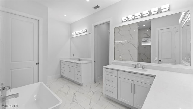 bathroom featuring shower with separate bathtub and vanity