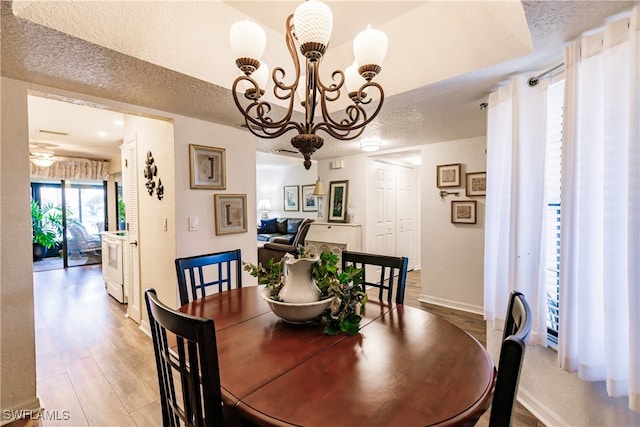 dining space featuring hardwood / wood-style floors, ceiling fan with notable chandelier, and a textured ceiling