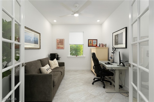 office with french doors and ceiling fan