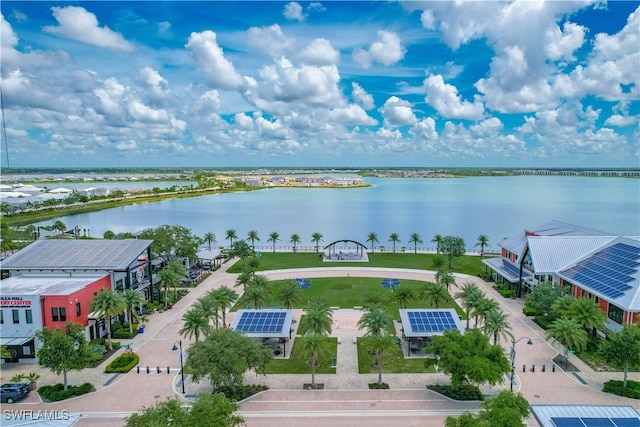 birds eye view of property featuring a water view