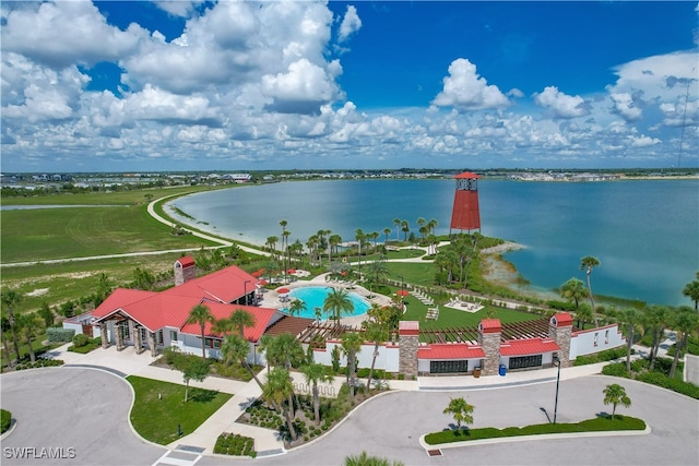 drone / aerial view with a water view