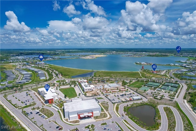 birds eye view of property featuring a water view