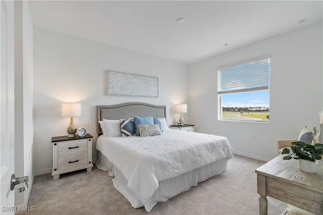 bedroom with light colored carpet