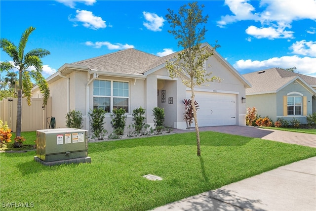 ranch-style home with a front yard and a garage