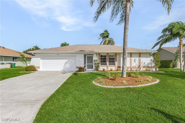 single story home featuring a front lawn and a garage