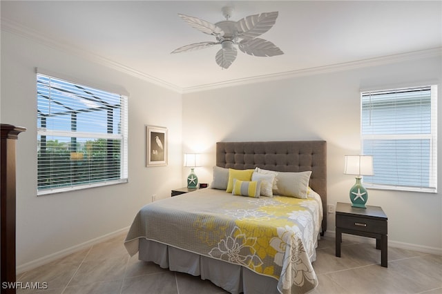 bedroom featuring ceiling fan, light tile patterned floors, and ornamental molding