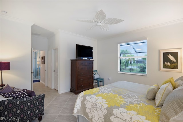 bedroom with ceiling fan, crown molding, and light tile patterned floors