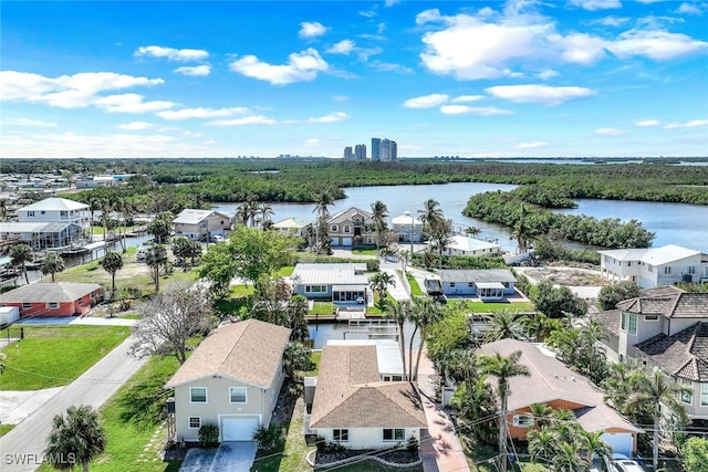 bird's eye view with a water view