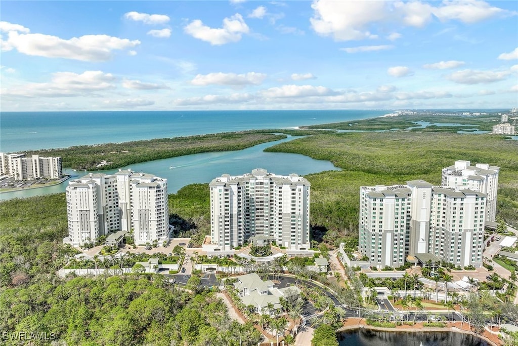 bird's eye view with a water view