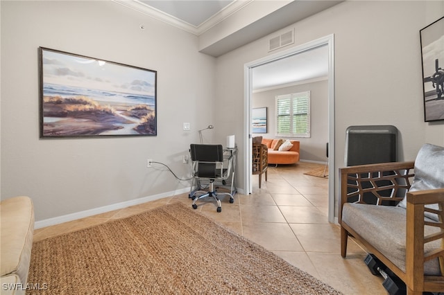 tiled office space featuring crown molding