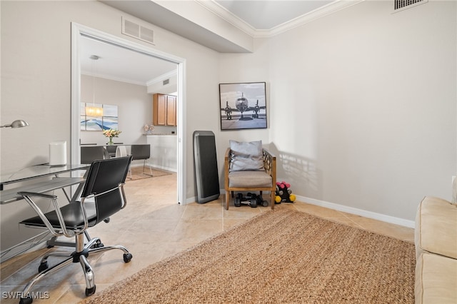 tiled office space featuring ornamental molding