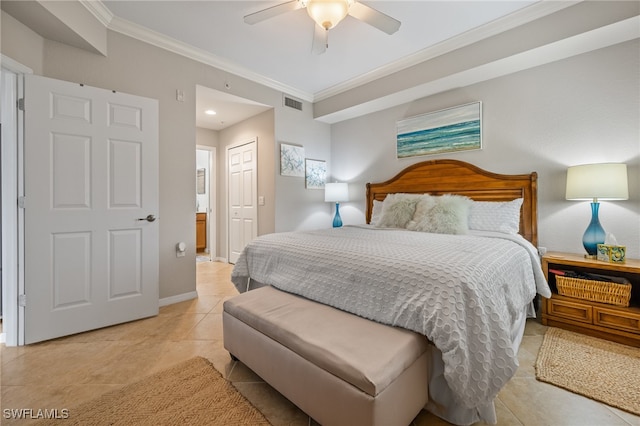 bedroom featuring light tile patterned floors, ceiling fan, a closet, and crown molding