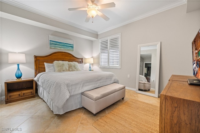 bedroom with ornamental molding, light tile patterned flooring, and ceiling fan