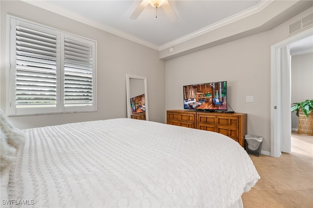 bedroom featuring light tile patterned flooring, ceiling fan, and crown molding