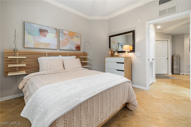 tiled bedroom featuring crown molding