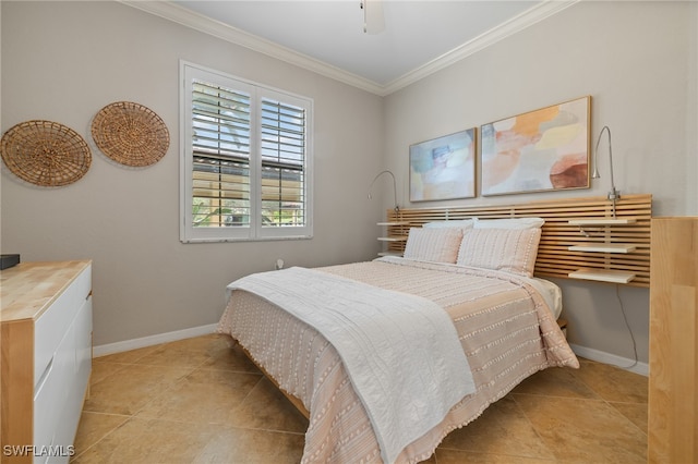 bedroom featuring light tile patterned flooring, ceiling fan, and crown molding