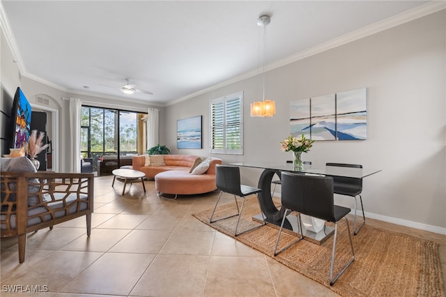 tiled living room featuring ceiling fan and crown molding