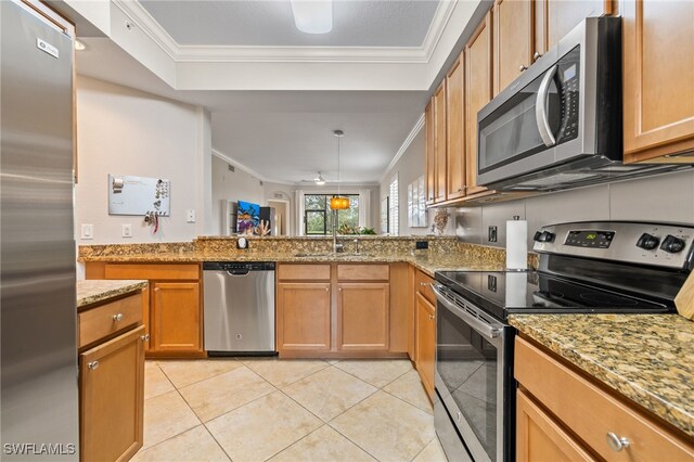 kitchen with light stone counters, kitchen peninsula, light tile patterned floors, crown molding, and appliances with stainless steel finishes