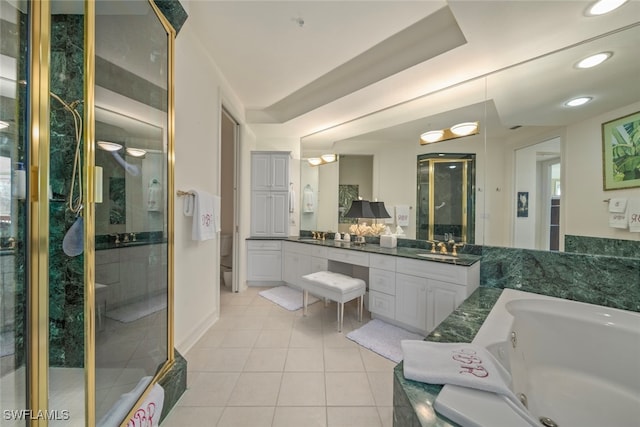 full bathroom with tile patterned floors, vanity, toilet, and plus walk in shower