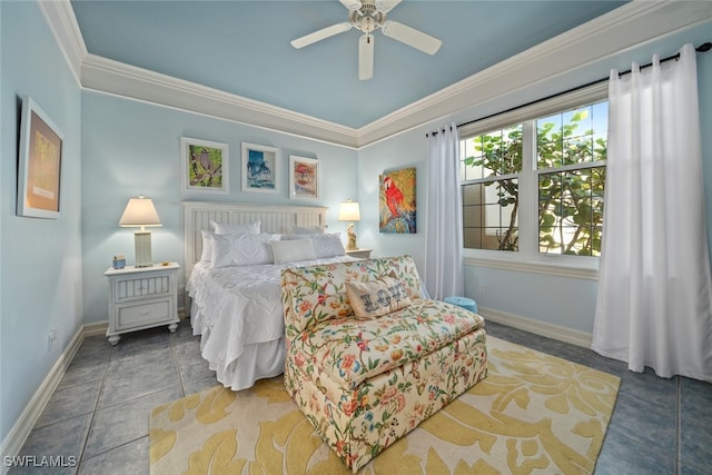 bedroom featuring tile patterned flooring, ceiling fan, and ornamental molding