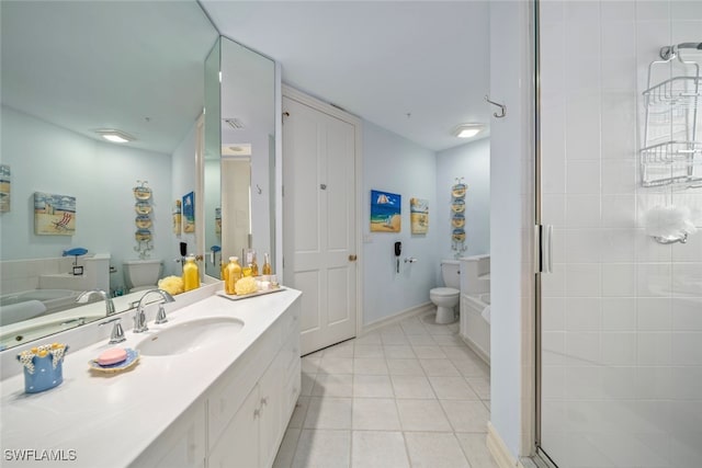 bathroom with tile patterned floors, vanity, walk in shower, and toilet