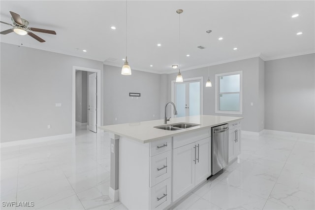 kitchen with white cabinetry, sink, hanging light fixtures, an island with sink, and stainless steel dishwasher