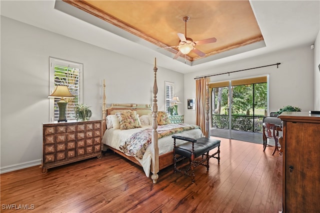 bedroom with a raised ceiling, multiple windows, ceiling fan, and access to outside