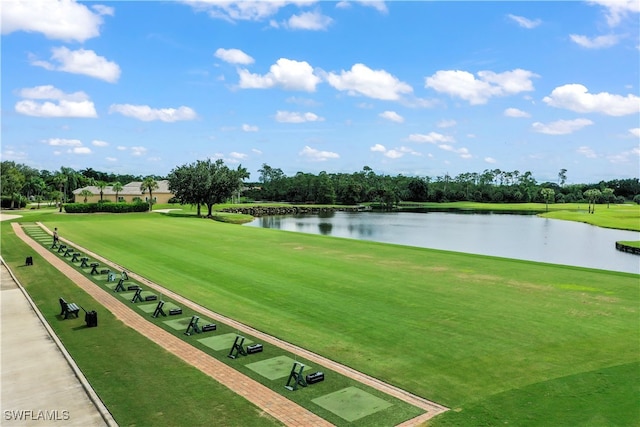 view of home's community with a yard and a water view