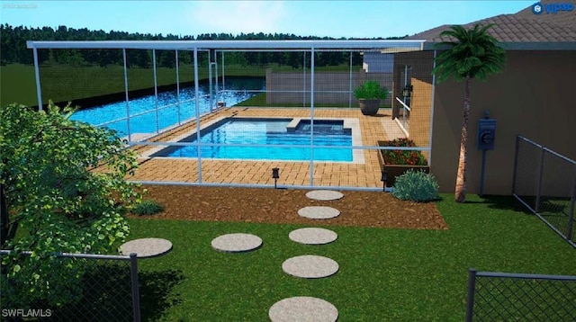 view of pool featuring a yard and a patio