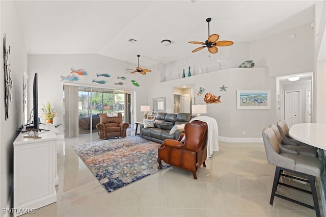 tiled living room featuring high vaulted ceiling and ceiling fan