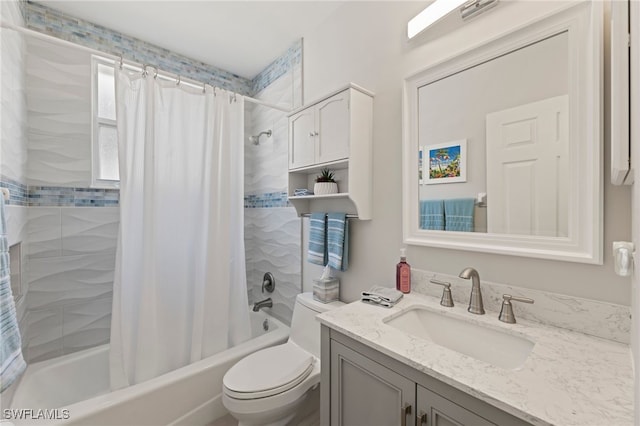 full bathroom with vanity, shower / bathtub combination with curtain, and toilet