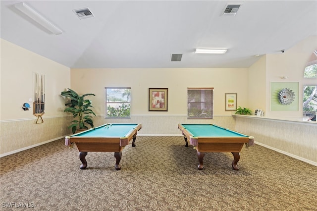 playroom featuring vaulted ceiling, plenty of natural light, billiards, and carpet floors