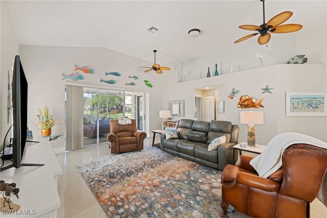 tiled living room with high vaulted ceiling and ceiling fan