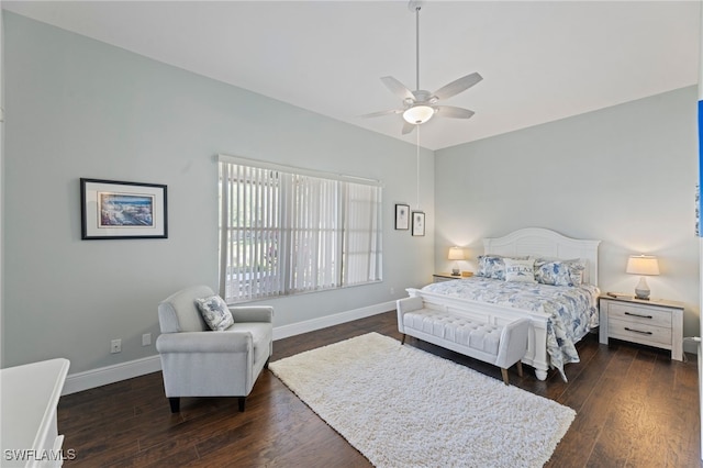 bedroom featuring dark hardwood / wood-style flooring and ceiling fan