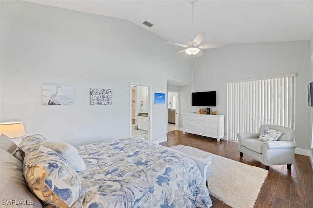 bedroom featuring dark hardwood / wood-style flooring, high vaulted ceiling, ceiling fan, and ensuite bathroom