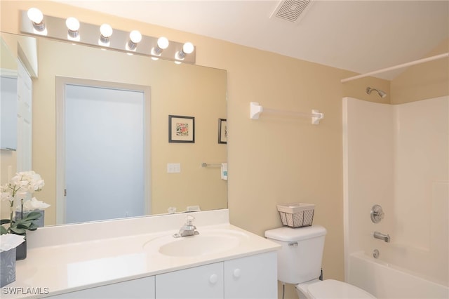 full bathroom featuring shower / bath combination, toilet, and vanity