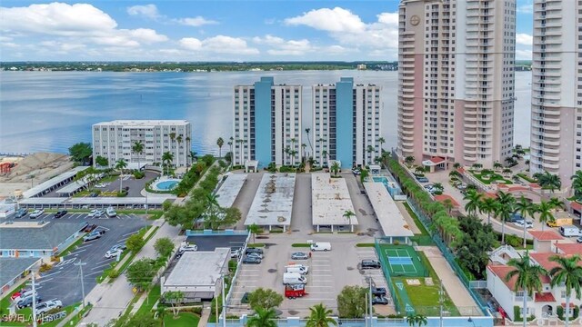 aerial view featuring a water view