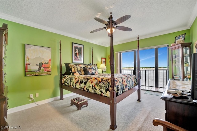 bedroom with a textured ceiling, ornamental molding, access to outside, ceiling fan, and light colored carpet