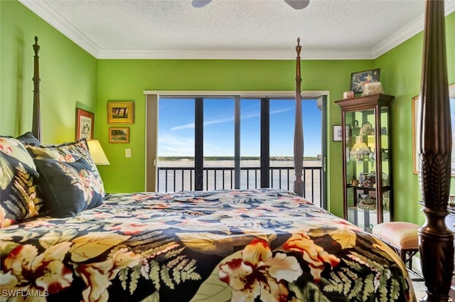 bedroom with multiple windows, a textured ceiling, access to outside, and a water view