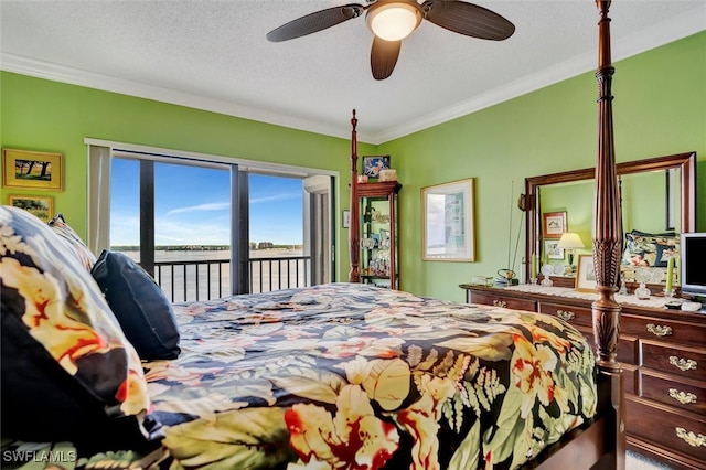 bedroom featuring crown molding, ceiling fan, a water view, a textured ceiling, and access to exterior