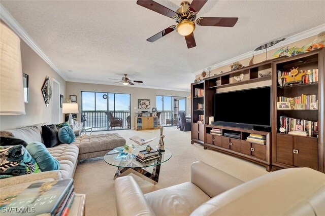 living room featuring a textured ceiling, light carpet, and ornamental molding