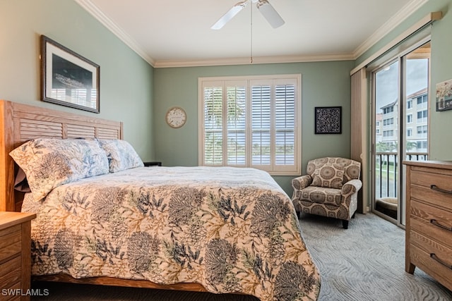 bedroom featuring access to exterior, multiple windows, ceiling fan, and crown molding