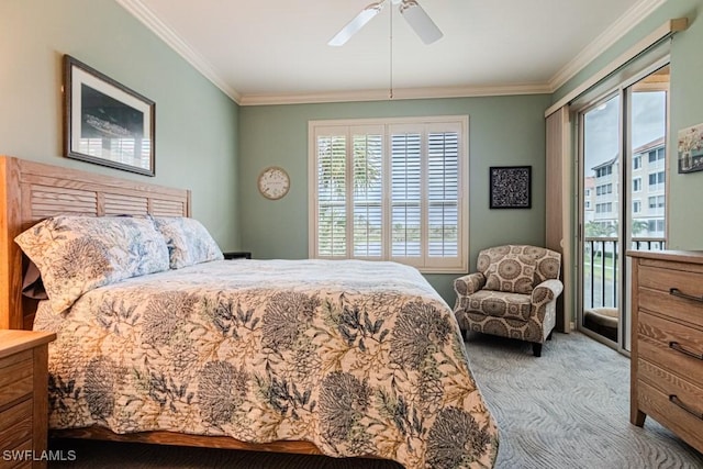 17100 Bridgestone Ct Unit 205, Fort Myers, FL 33908 - bedroom featuring carpet floors, access to exterior, multiple windows, ornamental molding, and ceiling fan