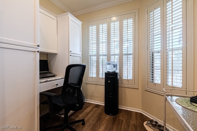 office space with dark hardwood / wood-style floors and crown molding