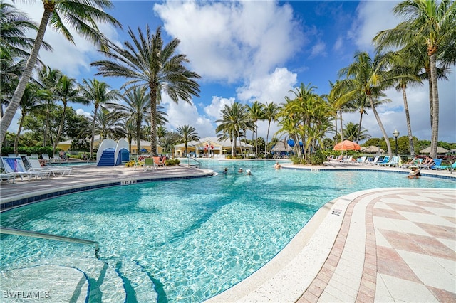 view of swimming pool with a patio