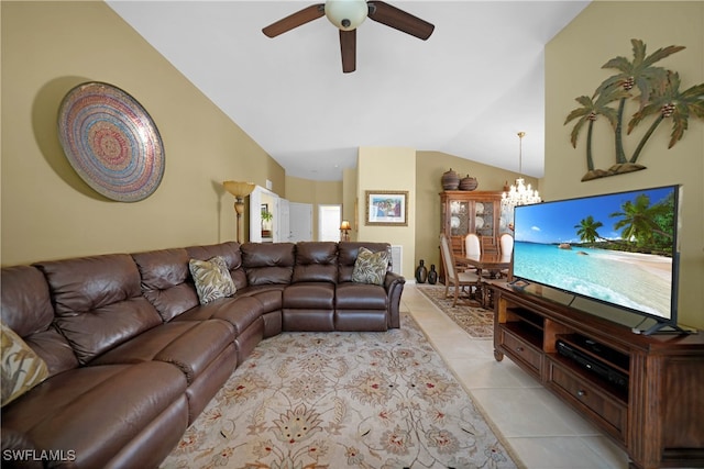 living room featuring lofted ceiling, light tile patterned flooring, and ceiling fan with notable chandelier