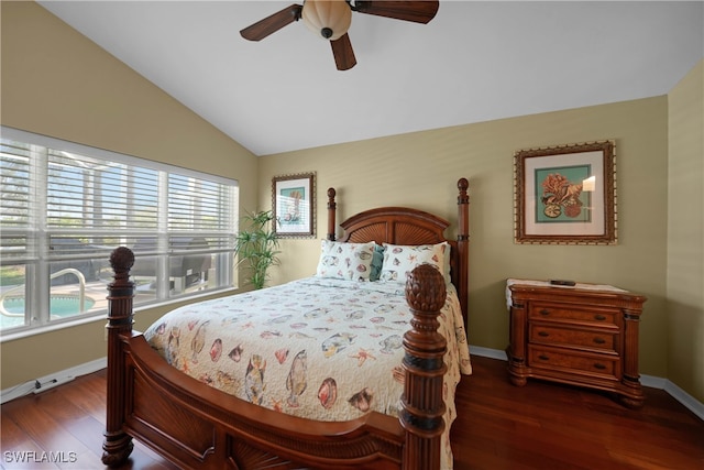 bedroom with ceiling fan, dark hardwood / wood-style floors, multiple windows, and vaulted ceiling